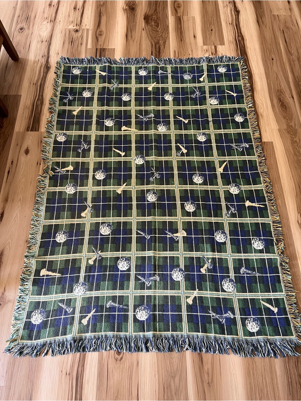 Vintage Golf Ball & Tee Fringe Woven Cotton Blanket Plaid Reversible 65 X 47